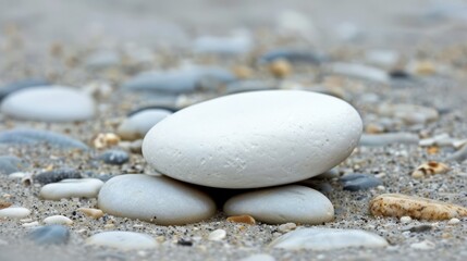 Fototapeta na wymiar A white rock atop a sandy beach, atop a pile of rocks, adjacent to a shell