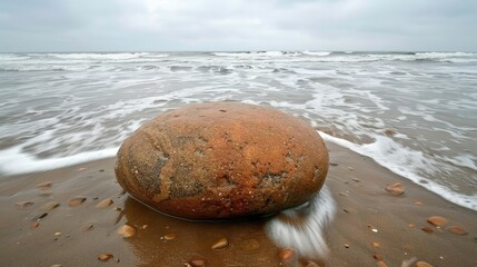   A large rock sits atop a sandy beach, adjacent to a body of water