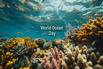 Coral Reef Underwater Photography. World Ocean Day concept for marine conservation and ecological...