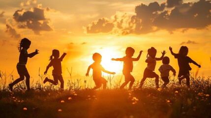 A silhouette of a multicultural group of children playing in an open field, with the setting sun behind them