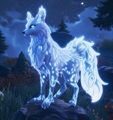   A white wolf atop a rock overlooking a lush forest of green grass and trees