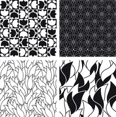 Set of Seamless abstract floral patterns. Black and white vector background. Geometric leaf ornament.