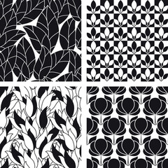 Set of Seamless abstract floral patterns. Black and white vector background. Geometric leaf ornament.