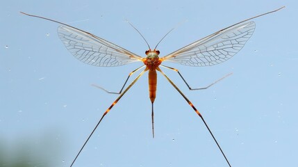   A macro shot of a big insect against a crystal-clear blue backdrop, its wings dotted with water droplets