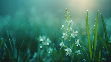   A tight shot of a plant adorned with water droplets, backed by an out-of-focus expanse of grass