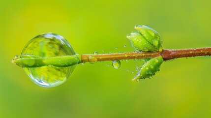   A tight shot of a water droplet perched atop a verdant plant stem, adorned with additional droplets