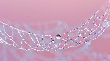   A tight shot of a water droplet dangling from a string against a pink backdrop, surrounded by hazy bubbles