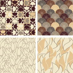 Set of Seamless abstract floral patterns. Beige vector background. Geometric leaf ornament.
