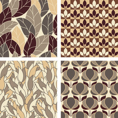 Set of Seamless abstract floral patterns. Beige vector background. Geometric leaf ornament.