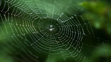   A tight shot of a spider web adorned with water droplets In the backdrop, a hazy assembly of green leaves