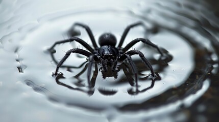   A large black spider atop a water puddle, its surface dotted with water drops
