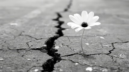   A monochrome image of a bloom situated in a fissure in the earth, surrounded by another crack in the ground