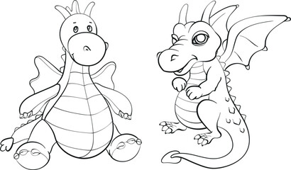Two dragons set. Funny fantasy characters, isolated on white background. Black and white. Vector cartoon illustration.