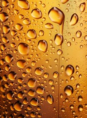   A tight shot of water droplets on a yellow glass bottle, with droplets also clinging to its side