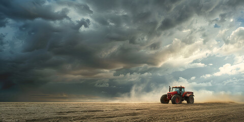 Broken tractor under dramatic stormy sky created 