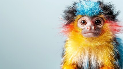   A tight shot of a monkey with multi-colored fur on its back legs