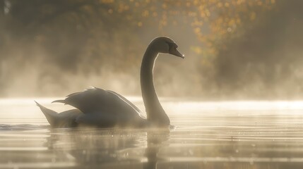   A monochrome image of a swan gliding on a lake, surrounded by trees and enshrouded in foggy air