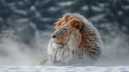   A tight shot of a lion in a snowy field with trees in the distance