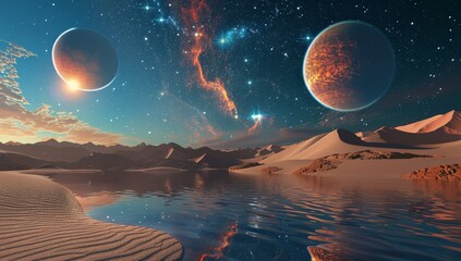  Three planets hovering above a desert scene, featuring a lake and mountains in the foreground