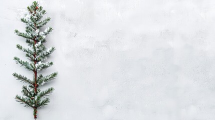   A pine tree branch against a white backdrop, featuring a snow-laden branch on its right side