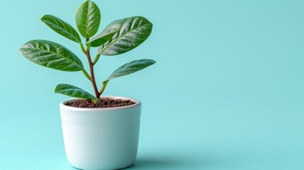   A small green plant in a white ceramic pot against a blue backdrop, with the plant's center occupied by its lush counterpart