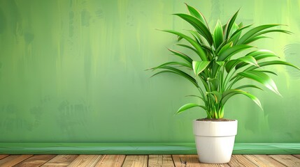   A potted plant on a wooden floor, facing a green wall with identical wood and foliage behind it