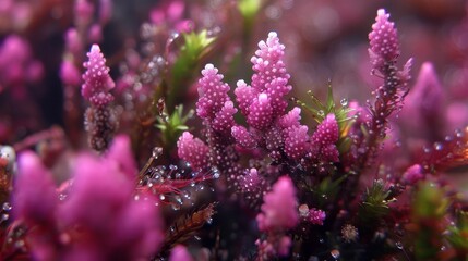   A tight shot of numerous blooms with dewdrops atop and beneath - obrazy, fototapety, plakaty