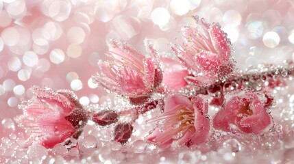   A table is adorned with a collection of pink flowers, each one resting atop water-covered surface with droplets clinging to their petals