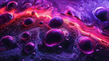   A tight shot of a purple-red liquid, adorned with water droplets at its base