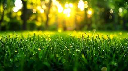   The sun illuminates the background of a grassy expanse, where trees allow its rays to filter through Dewdrops ornament the blades of grass below