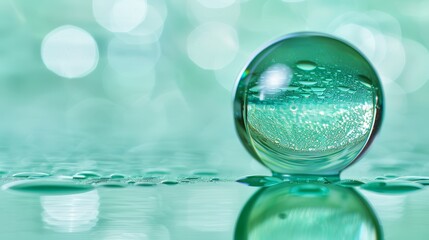   A tight shot of a water droplet on a smooth surface, surrounded by additional droplets Background softly blurred