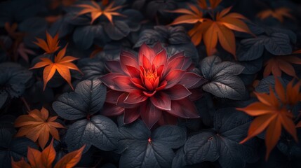   A red bloom rests amidst greenery - green and red leaves - against a black backdrop