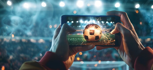 Mobile phone Soccer betting. Soccer field on smartphon. bet and win concept.Watch a live sports event on your mobile device. Betting on football matches	