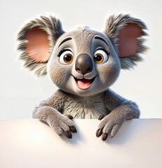 3d render illustration of a cartoon koala bear character is sitting behind the banner board and looking at the camera with joy, smile and fun.