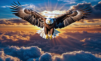 An eagle is soaring high above the clouds in a blue sky with a few white clouds and the sun is shining brightly behind the eagle, casting a warm glow over the scene