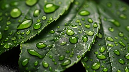   Close-up of a green leaf, dotted with water drops, against a black backdrop