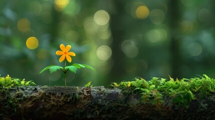   A small yellow flower atop a moss-covered tree trunk Surrounded by a forest of yellow and green leaves