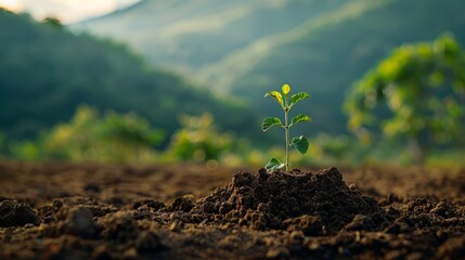   A small plant emerges from the ground, framed by distant mountains in a field's expanse