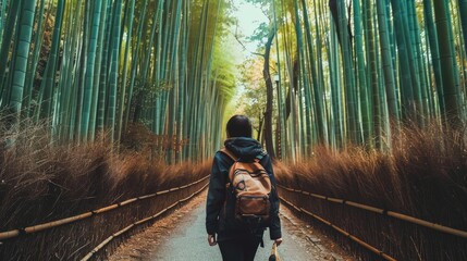 A traveler enjoying a tranquil morning walk through a bamboo forest in Arashiyama, Japan