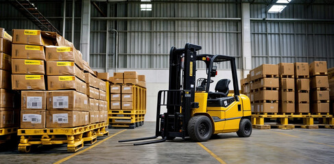 A yellow forklift in a large warehouse with pallets of cardboard boxes stacked high on top of each other. Forklift is industrial machine used for loading, lifting and moving heavy items