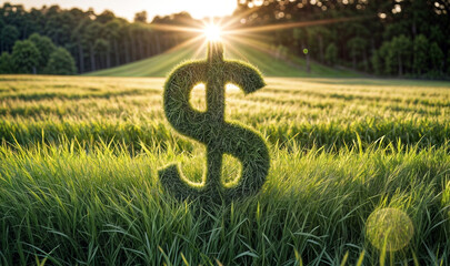 A green dollar sign symbol is placed on top of a lush green field, surrounded by grass and sunlight shining through the trees in the background