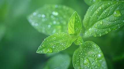   A tight shot of a green leaf dotted with water droplets lies in the foreground