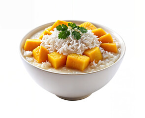 A tapioca pudding bowl of diced cut mango into cubes and topped with white rice and a garnish on the white background