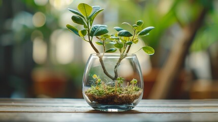   A glass vase holding a plant sits next to a larger potted plant on a wooden table