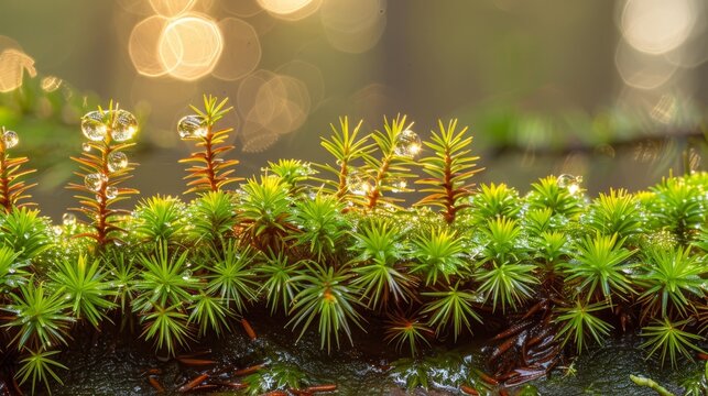   A tight shot of a cluster of plants featuring dewdrops atop and beneath their leaves