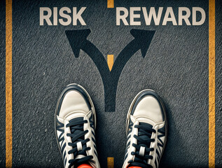 Top view of person standing on asphalt road and shoes are positioned between two arrow signs word text RISK and REWARD.