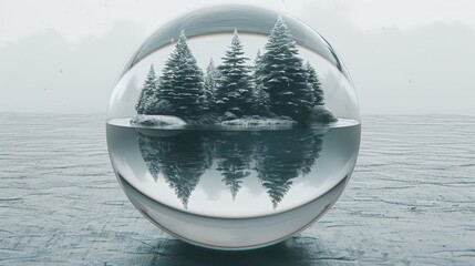   A glass ball mirrors trees and a lake in a foggy, mist-shrouded landscape