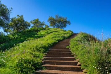 Fototapeta na wymiar Idyllic Nature Trail Wooden Stairs Winding Through Vibrant Green Landscape Under Blue Sky