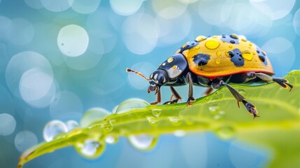   A tight shot of a bug perched on a wet leaf, with water beads on its back and an indistinct background