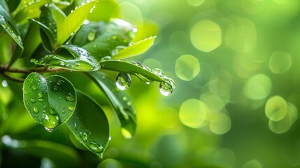   A tight shot of a verdant leaf, adorned with water droplets, against a softly blurred backdrop